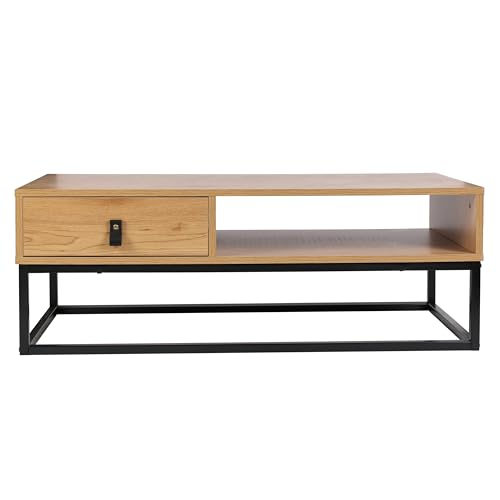 HOME DECO FACTORY - Table Basse Appoint en Bois Brut et Métal avec 1 Tiroir - Style Authentique - Dimension 100 x 50 x 36 cm - Naturel Noir - Modèle Abbott