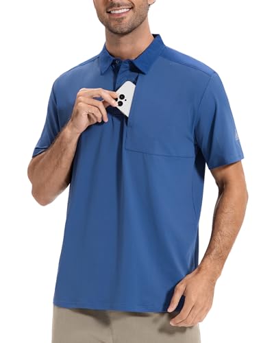 AMZSPORT Polos Manga Corta Hombre con Bolsillo Secado Rápido Transpirable Camisas Trabajo Hombre Verano Deporte Camiseta, Azul XL