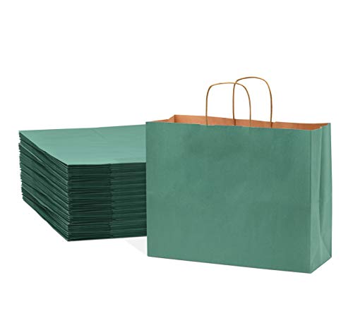 Prime Line Packaging Large Green Gift Bags with Handles, Kraft Paper Totes for Holidays, Wedding Favors, Boutiques, Shopping, Bulk, 16x6x12 100 Pack