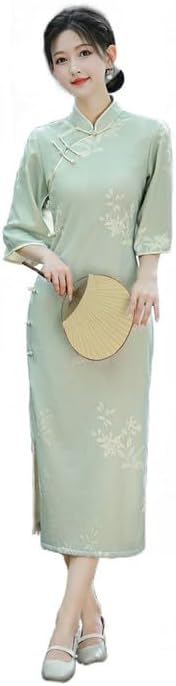 [上海物語] レデイーズ チャイ服 七分袖 ロング丈 チャイナドレス チャイナボッタン チーパウ 花柄 旗袍 チャイナ服