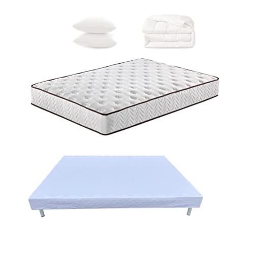 lit 140 x 190CM avec Sommier Tapissiers - Matelas Mousse - Couette - oreillers - Ensembles de Matelas et Sommiers pour 2 Personnes, Bleu, 140x190-SommierTapissiers+MatelasRessorts