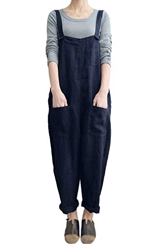 OSEING Women's Relaxed Fit Lightweight Linen Cropped Bib Overalls Baggy Jumpsuits (Navy#, S)