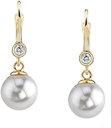 THE PEARL SOURCE 14K Gold AAA Quality Round Genuine White Akoya Cultured Pearl & Diamond Michelle Earrings for Women