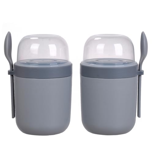 B BELLAWARE Yogurt Container Parfait Cups with Lids and Spoons, Cereal Cup On the Go, Plastic Airtight Snack Crunch Storage Container (2-Pack, Gray)