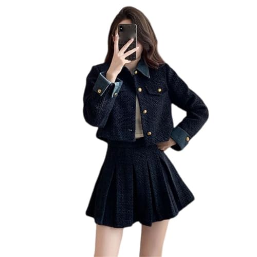 Ensemble jupe deux pièces preppy haut de gamme avec détails col patchwork et plis soignés