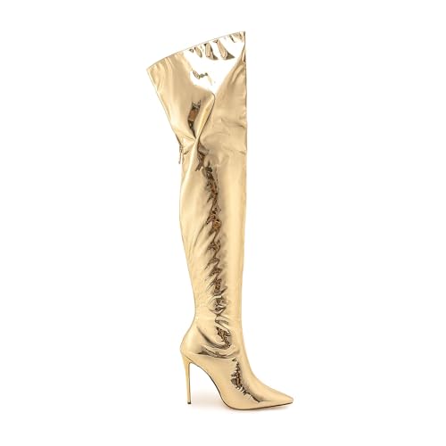 Image of Thigh high boots for women striped Back zipper Burgundy Zebra Print Over the knee Sexy gold white pointed toe Cow Print leopard Magenta stiletto heel