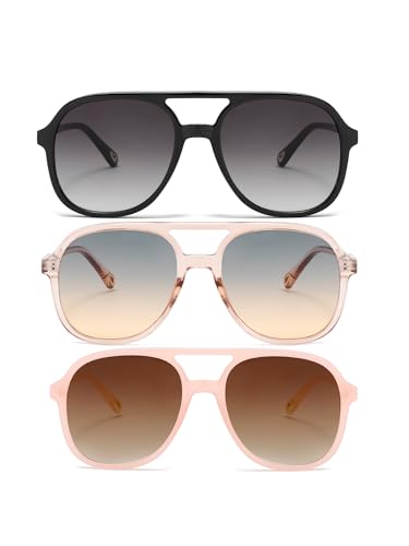 (3 Pack) Retro Aviator Sunglasses for Women Men Classic 70s Vintage Trendy Square Aviators