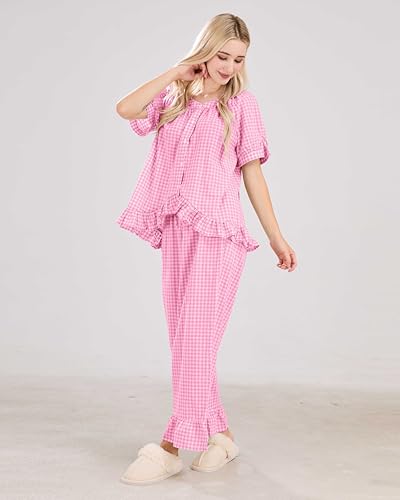 Image of codcm Womens Gingham Pajama Set 2 Piece Short Sleeve Babydoll Shirt and Pants Lounge Set Cute Sleepwear