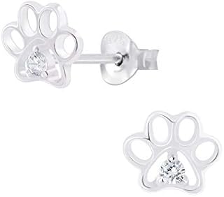 Dog Cat Paw Print Earrings with Crystal Stones - 925 Sterling Silver