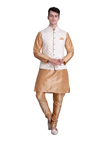 Image of Uri and MacKenzie Men's Silk Blend Regular Kurta Churidar Pyjama with Bundi Nehru Jacket /Waistcoat