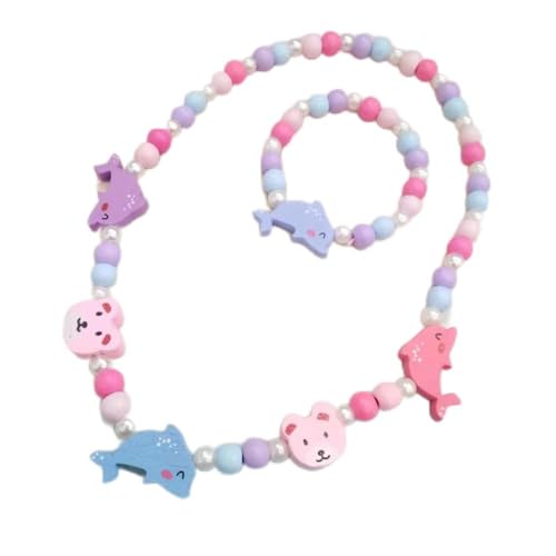  Set di Gioielli per Collana per Bambine Set,Gioielli Bambina Collana BraccialettiGioielli di Perline in Legno per Unicorno Set di Gioielli per Principessa per Festeggiare Il Compleanno,Delfino