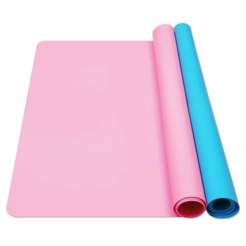 2 Stück Silikonmatte 50 x 40cm, SOSMAR Silikon Unterlage Mal und Bastelunterlage groß für Kinder Malen, Epoxidharz Handwerk, Knete Zubehör und Arbeitsplatte Küche, Rutschfest & Abwaschbar (Blau+Pink)