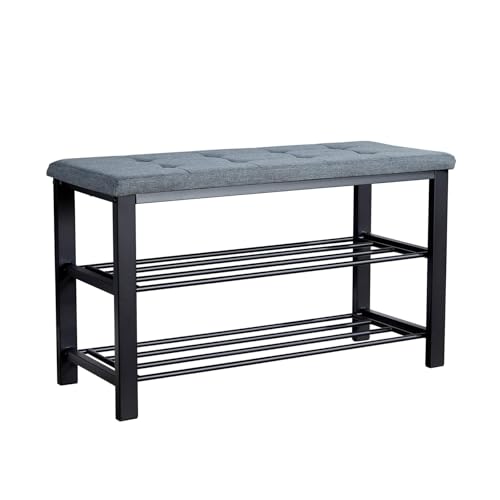 Home Source Shoe Storage Bench, 2 Open Shelves, Black Metal Frame, Bedroom Hallway Entryway Organiser, Shoe Rack Bench with Grey PU Leather Padded Seat - Cosy Home Interiors Home Source Shoe Storage Bench, 2 Open Shelves, Black Metal Frame, Bedroom Hallway Entryway Organiser, Shoe Rack Bench with Grey PU Leather Padded Seat