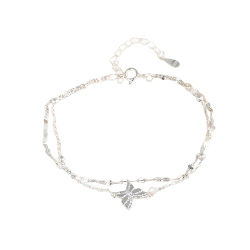 Genérico Pulsera De Plata， Pulsera De Mariposa De Doble Cadena De Plata Esterlina S925 De Lujo, Ligera Y De Alta Gama, Con Cierre De Resorte Ajustable, Joyería Energética Para Mujer.