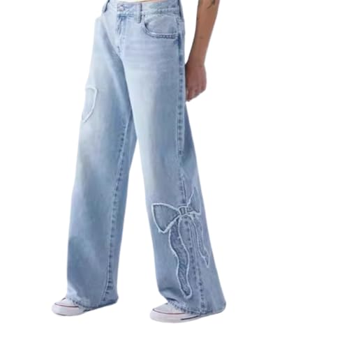 Women's Straight Leg Bow-Tie Frayed Edge Baggy Jeans for Women High Rise Loose Denim Jeans Y2K Low Bow Embroidery