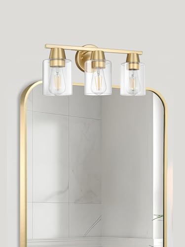 Image of Modern Wall Sconces Lighting with Brass Finished Clear Glass Shade, Matte Gold 3 Vanity Light Over Mirror, Industrial Bathroom Light Fixtures for Living Room Hallway Kitchen Porch E26 Base