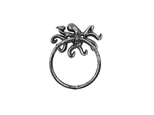 Hampton Nautical Silver Rustic Cast Iron Octopus Towel Holder 6" – Sea Decoration Home – Beach L