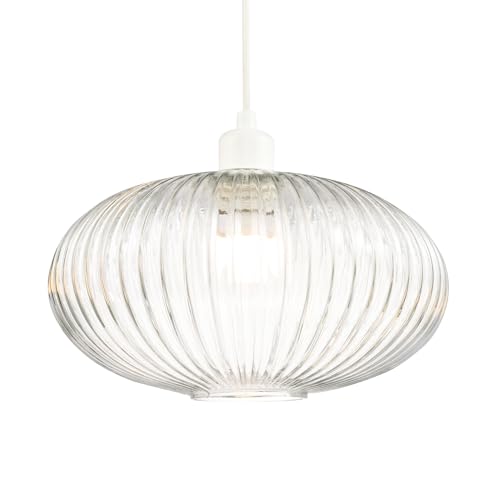 Modern Designer Clear Transparent Line Ribbed Glass Oval Pendant Lamp Shade | 30cm x 17cm | for Kitchen Island Living Room Bedroom Dining Room etc by Happy Homewares