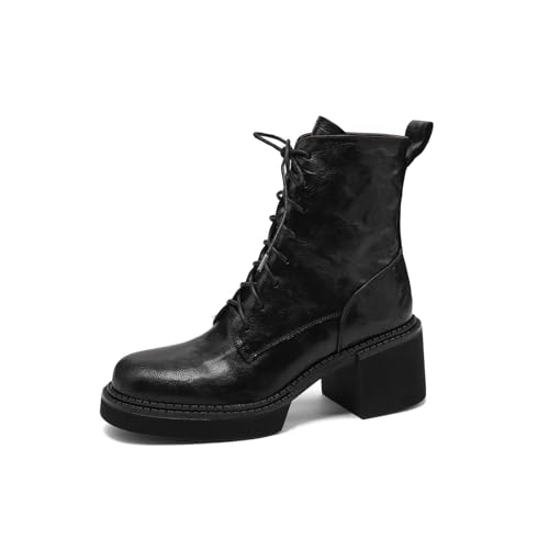 TinaCus Handmade Genuine Leather Ankle High Boots Lace Up Round Toe Platform Booties for Women