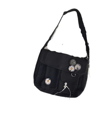 Retro Student Large-Capacity Canvas Class Messenger Bag Campus Leisure Retro High School Student Bag (30 * 8 * 25(L*W*H/cm)0.38KG, Black)