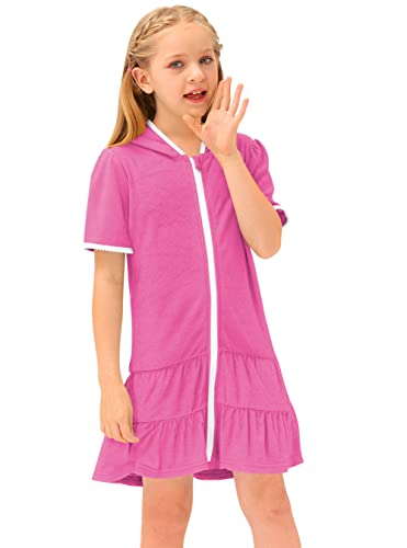Besserbay Little Girls Beach Full Zip Rose Red Bathrobe Short Sleeve Terry Ruffle Hem Swim Cover Up 9-10 Years #TOP2