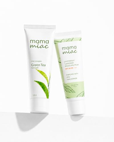 Image of MAMAMIAC Green Tea Sunscreen - 50ml & Green Tea Facewash -100ml Combo | For All Skin Types, SPF 50+ Broad Spectrum UVA /UVB
