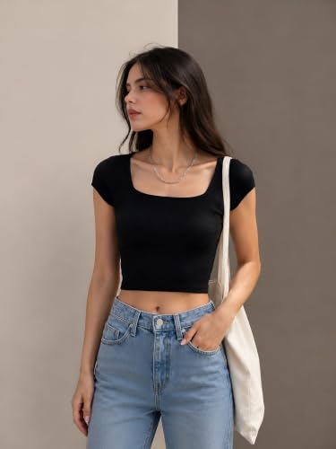 Image of Women Square Neck Crop Top | Korean Style Short Sleeve Fitted Top for Woman | Stretchable Casual Crop Top