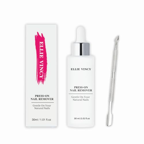 Ellie Vincy Removedor de pegamento de uñas a presión y empujador de cutículas, fórmula suave, sin olor, sin acetona, 30 ml, fácil extracción de uñas con herramienta de acero inoxidable