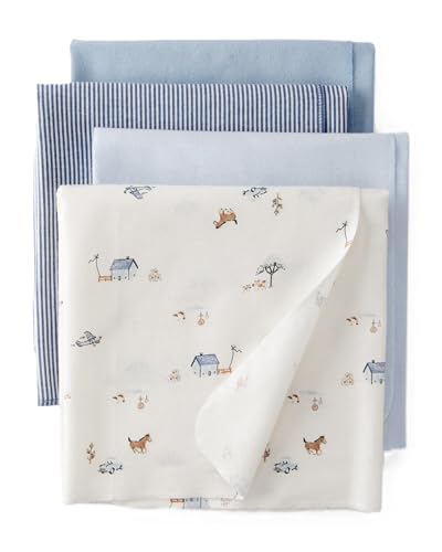 Image of Carter's Baby Unisex Receiving Blankets 4-Pack, Soft Breathable Cotton Swaddle & Stroller Covers Lightweight Nursery Essentials 40 inch x 30 inch (Blue /Ivory)