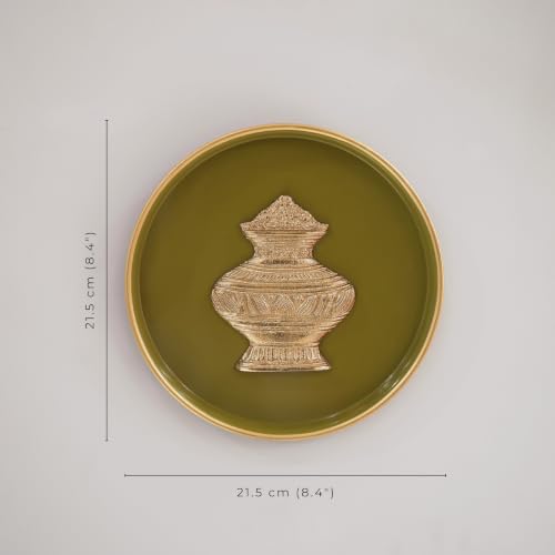 Image of BEHOMA Kalash Metal Wall Plate Olive Green & Gold 8.4 inch