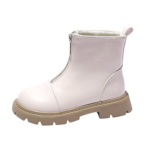 Fashion Children Boys Girls Winter Ankle Boots Platform Slip On Chunky Heel Lug Sole Leather Booties Outdoor Shoes (White, 11-11.5 Years Big Kids)