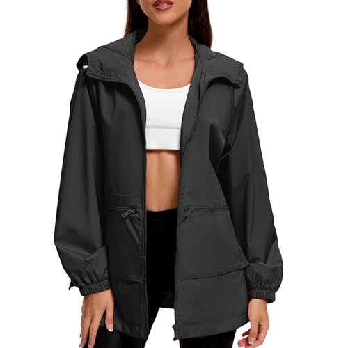 American Trends Women Rain Jacket with Hood Lightweight Rain Coats for Women Trench Waterproof Windbreaker With Back Pockets2