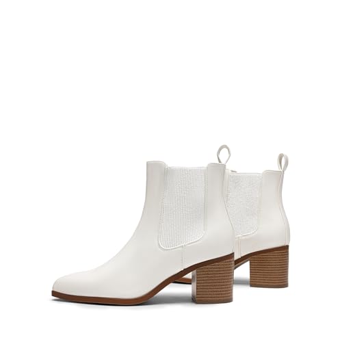 DREAM PAIRS Women's Faux Leather Suede Ankle Boots, Pointed Toe, Low Chunky Block Heel, Elastic Pull-On, Anti-Slip Outsole, Retro Design for Work, Casual, Night Out, Size 6.5,White-Pu,SDAB2314W