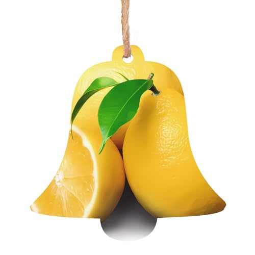 WHJDPP Adornos de madera de Navidad con forma de campana, 4 unidades, estampado de limón para colgar en árboles de Navidad