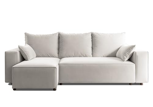 4ALL HOME Ecksofa mit Schlaffunktion Tobi 246x145 cm - Couch - Sofa mit Bettkasten - Eckcouch - L-Form - Schlaffsofa - Schlafsofa mit Bettkasten - Universal (Velo 621 Weißer Papirus)