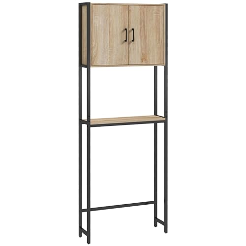 kleankin Étagère de Toilettes Meuble de Salle de Bain Dessus Toilette WC avec Placard 2 Portes et étagère Ouverte dim. 64L x 19l x 178H cm chêne et Noir