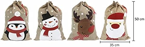 Christmas sacks (35 x 50 cm Medium Size)  Pack of 4 Drawstring Goody Gift Bags for Christmas Treats 4 Designs Santa Snowman Reindeer Penguin