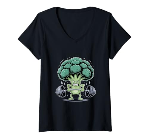 Femme Kawaii Végétarien Brocoli Haltérophilie Vegan Deadlifting T-Shirt avec Col en V