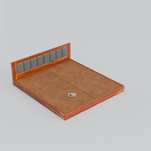 Image of Solid Wood Low Floor Bed with Upholstered Headboard | Modern Platform Bed Frame for Bedroom | Strong & Durable Wooden Bed with Cushion Backrest (Honey Finish)