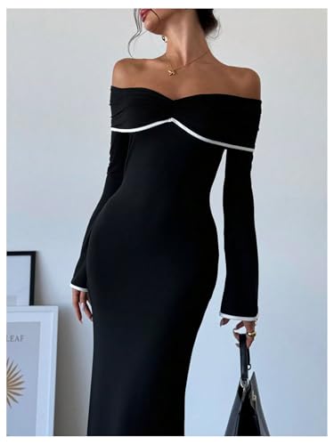 GORGLITTER Women's Off The Shoulder Bell Sleeve Bodycon Maxi Dress Birthday Cocktail Dinner Fishtail Long Dress4