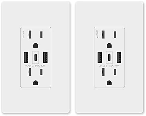 Amerisense GaN 30W 6Amp 3-Port USB Wall Outlet, 15 Amp Tamper-Resistant Receptacle with 2 USB Type A & 1 Type C Port, USB Charger for iPhone/iPad/Samsung/LG/HTC, UL Listed - 2 Pack