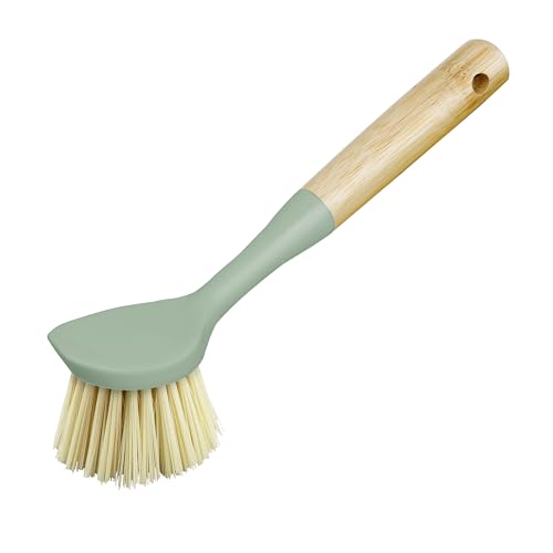 Image of OGGI Natural Bamboo Dish Brush - Non-Scratch, Odorless Nylon Bristles, Durable Scrub Brush with Scraper for Grease & Grime, Safe Cleaning Brush for Non-Stick Cookware - Sage Accent Color