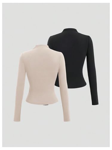 SweatyRocks Women's 2 Pack Ruched Mock Neck Long Sleeve T Shirt Fitted Tee Tops2