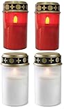 Fachhandel-Plus das Plus für Ihren Einkauf 4er Set Grablichter 2 x rot und 2 x weiß, LED Kerze, Grabkerze, Flackereffekt