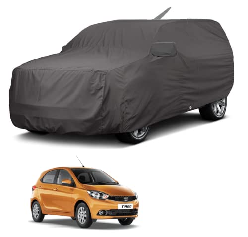 Image of Auto Hub Car Cover Compatible for Tata Tiago with Front Antenna & Mirror Pocket,Triple Stitched, Heavy Buckle, Bottom Elastic, Tiago Car Cover, 2x2 Grey