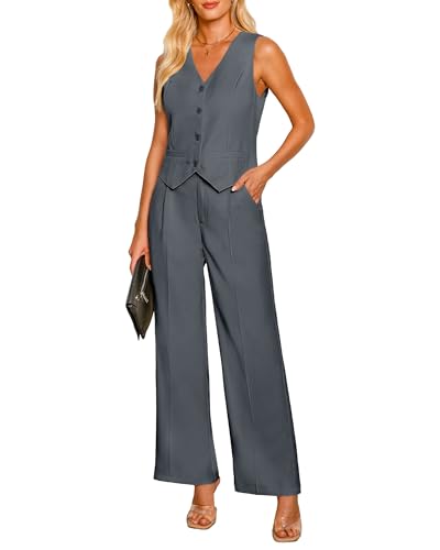 luvamia Pant Suits for Women Dressy Casual 2 Piece Sets Sleeveless Blazer Vest with High Rise Wide Leg Pants Work Office