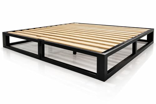 Image of TBC's Heavy Duty Foldable Metal Bed Frame with Wooden Slats, Black, Low Profile Platform Bed Design