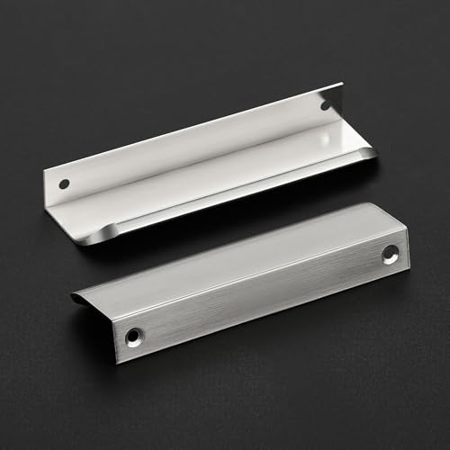 Image of Brushed Nickel Cabinet Handles Finger Edge Pulls 5 Inch CC 10 Pack | Low-Profile Finger Grip, Cabinet Door Edge Mount, Smooth Handle Shape, 5.9 Inch (150mm), For Drawers, Cupboards, Kitchen
