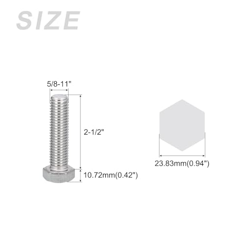 Image of METALLIXITY Hex Head Bolts (5 /8-11 x 2-1 /2 inch) 10Pcs, 304 Stainless Steel 18-8, Fully Threaded, External Hex Drive, Plain Finish, Hex Head Screw Bolt, Silver