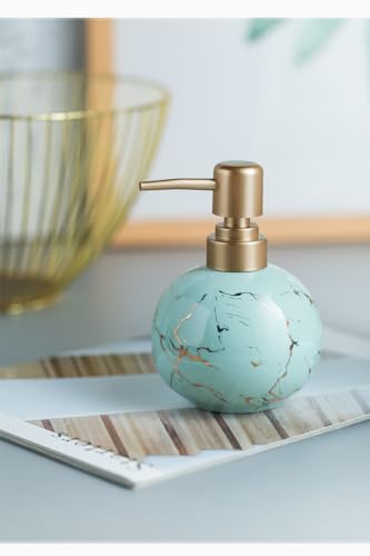 Image of Luxury Ceramic Soap Dispenser (Luxe Blue) - 350ml Round Modern Refillable Lotion Shampoo Handwash Bottle Matte Blue with Gold Marbling Premium Countertop Accessory for Bathroom, Kitchen & Wash Basin